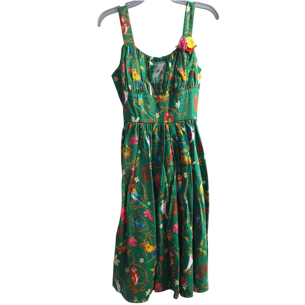 Disney Parks Enchanted Tiki Room Dress Green Tropical Bird Floral Womens Small S